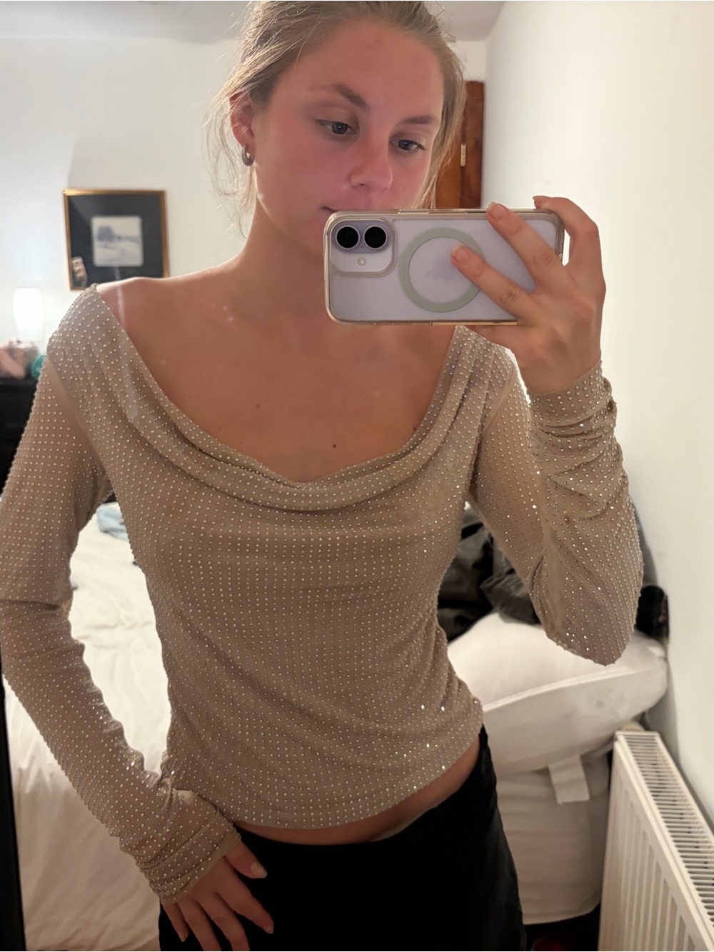 Zara Beige Sparkle Draped-Neck Long Sleeve Top